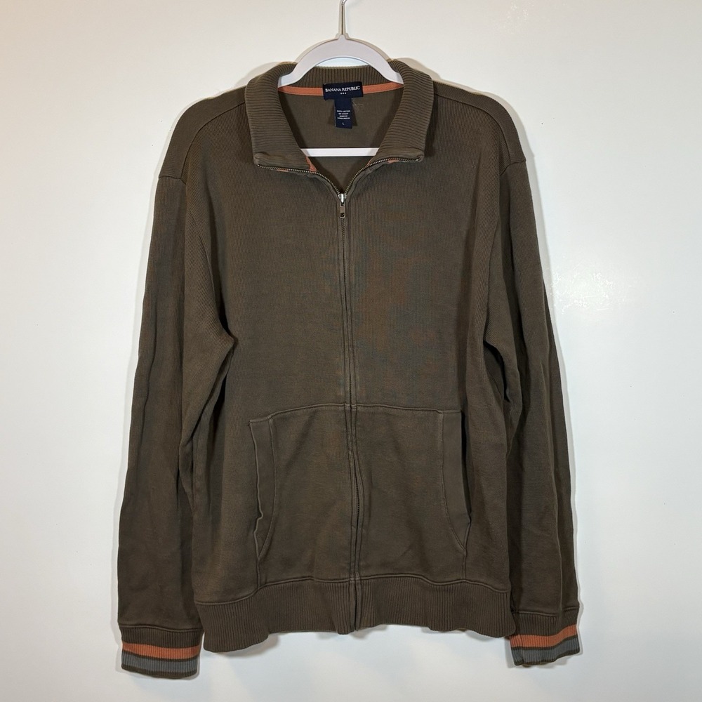 Banana Republic Men's Full Zip Brown Sweater Size Large 100% Cotton Long Sleeve